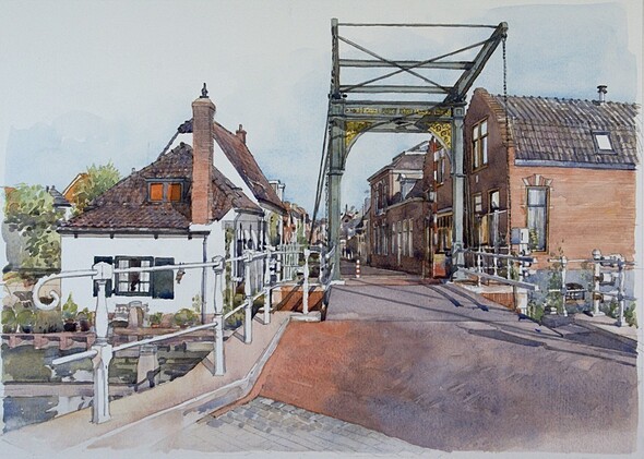 Leiderdorp - Doesbrug met gezicht op de Hoofdstraat - Aquarel 2008