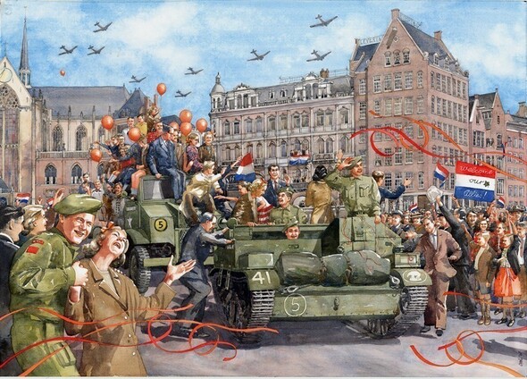 Ontvangst bevrijders op de Dam in 1945 - Aquarel 1998