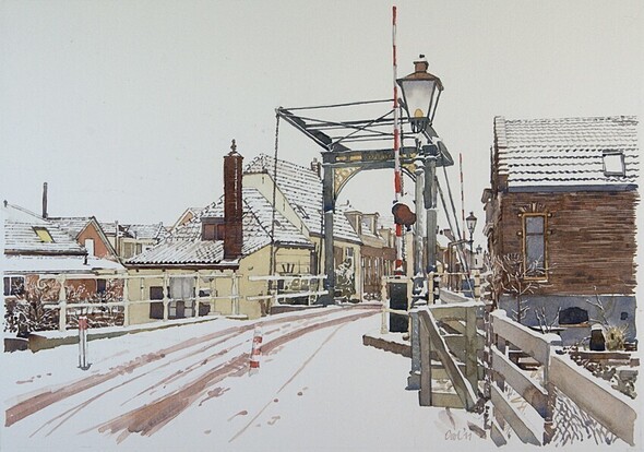 Leiderdorp - Doesbrug in de sneeuw - Aquarel 2011