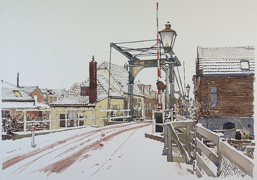 Leiderdorp - Doesbrug in de sneeuw - Aquarel 2011