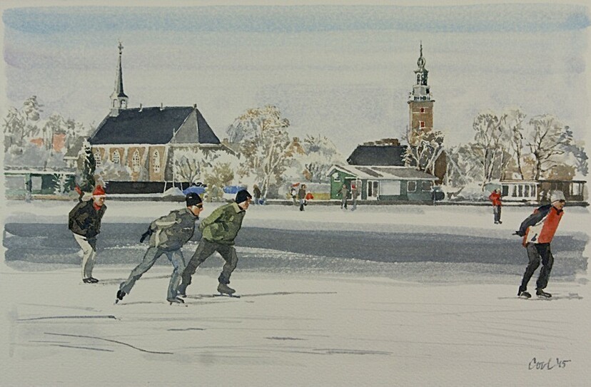 Nieuwkoop - Schaatsenrijders - Aquarel  2015