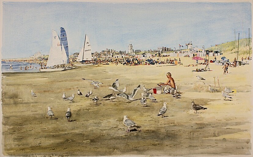 Katwijk aan Zee - Strand met meeuwen - Aquarel  2003